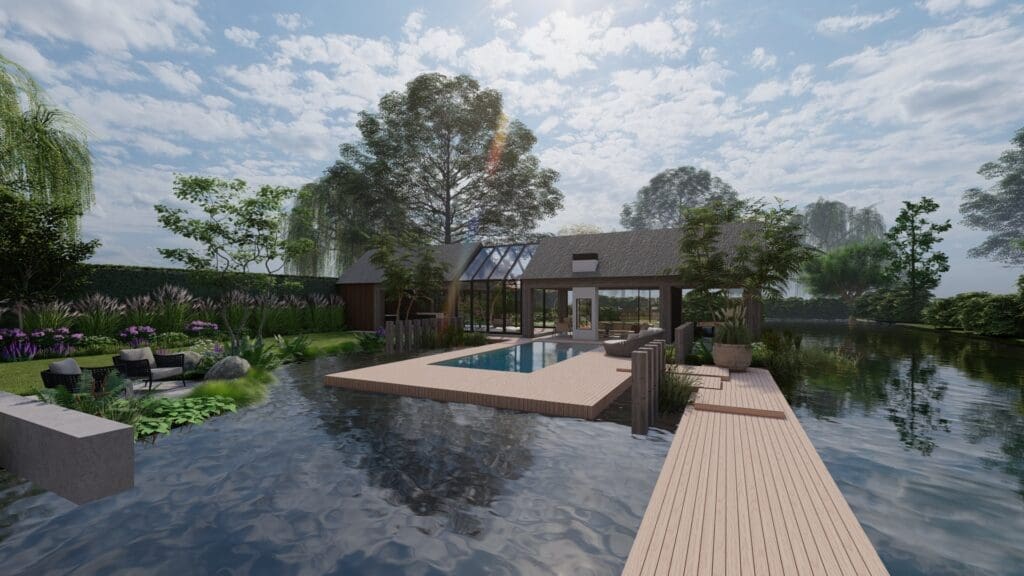 Artist impression van een rietgedekte poolhouse in een landelijke tuin aan een zwembad omringd door een zwemvijver.