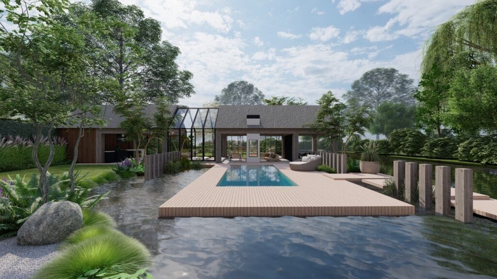 Artist impression van een rietgedekte poolhouse in een landelijke tuin met glazen doorkijk.