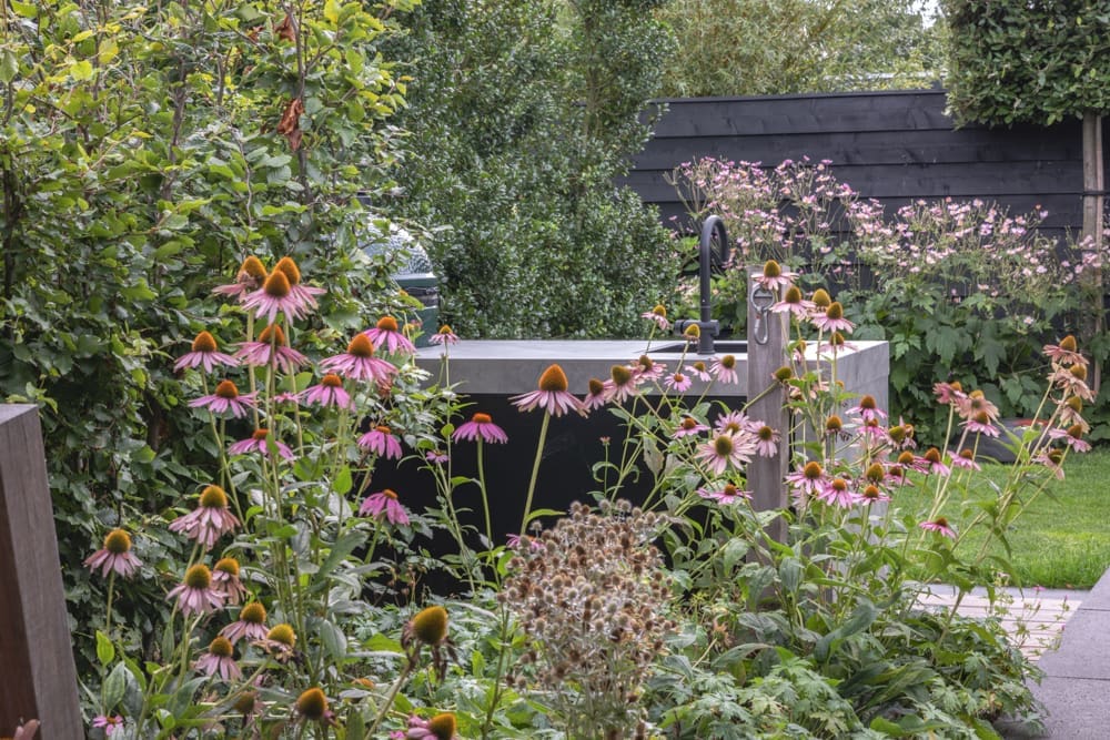 kleurijke tuin met buitenkeuken