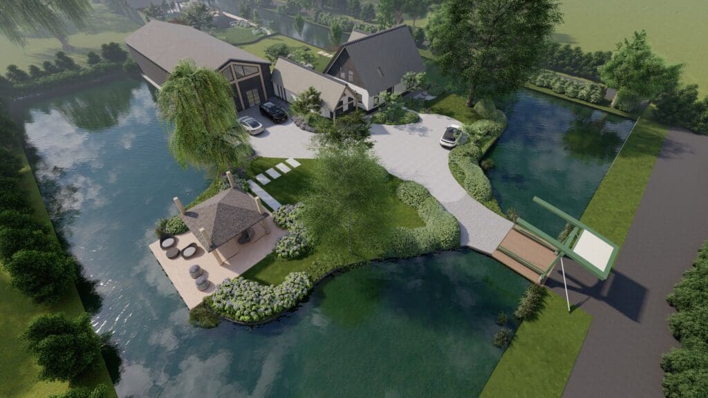 Vogelvlucht beeld ontwerp landelijke voortuin tussen sloten in.