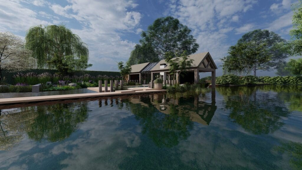 Artist impression van een rietgedekte poolhouse in een landelijke tuin aan een zwembad omringd door een natuurlijke zwemvijver.