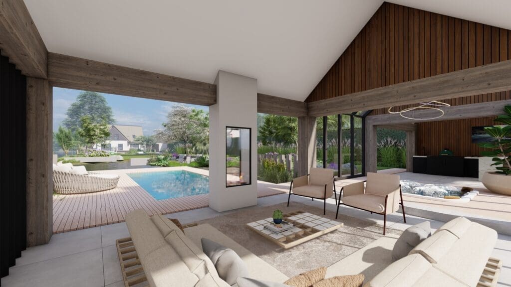 Artist impression van een rietgedekte poolhouse in een landelijke tuin.