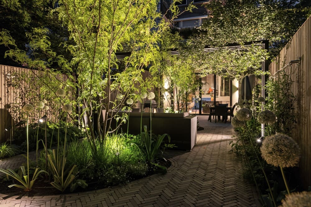 04 tuin in het avondlicht mooie verlichte tuin met veel spotjes die gerichtstaan op de bomen