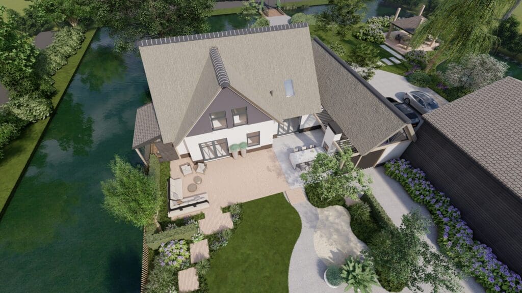 bovenaanzicht ontwerp tuintekening landelijke tuin rietgedekte villa