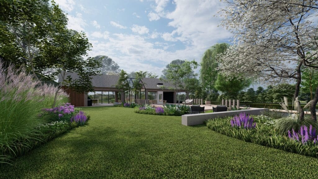 Artist impression van een rietgedekte poolhouse in een landelijke tuin.