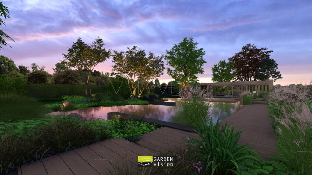 Ontwerp render van zwemvijver met loopvlonders in avondzon.