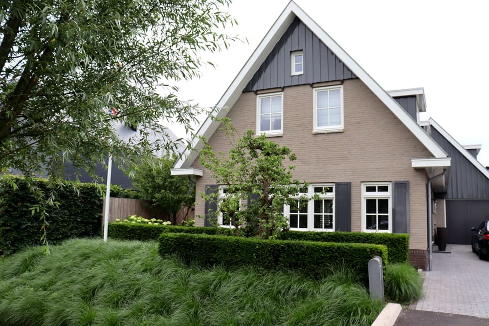 groene voortuin met veel grassen