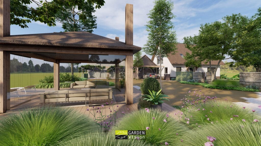 Ontwerptekening in 3D van hooitas in voortuin.