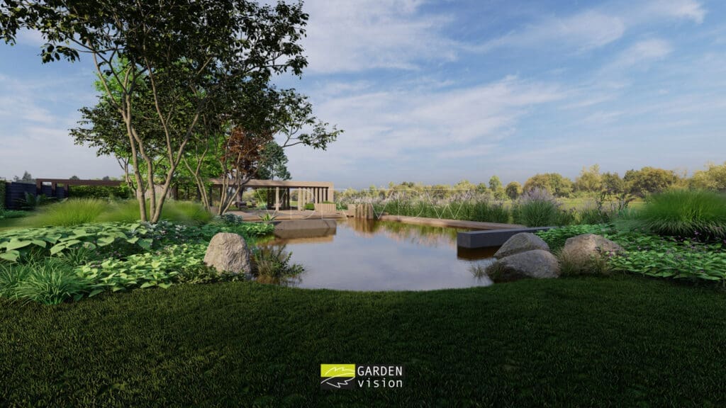 3D beeld van natuurlijk vijver in landelijke tuin.