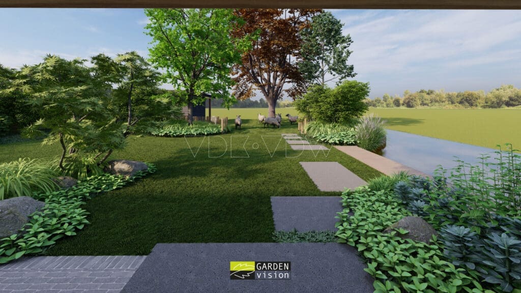 Render beeld ontwerp landelijke tuin met schapenweide