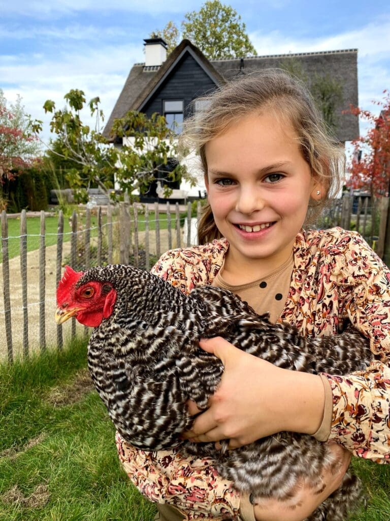 Lachend meisje met Amrock kip in haar armen in speels aangelegde dierenweide in landelijke tuin voor rietgedekte villa.