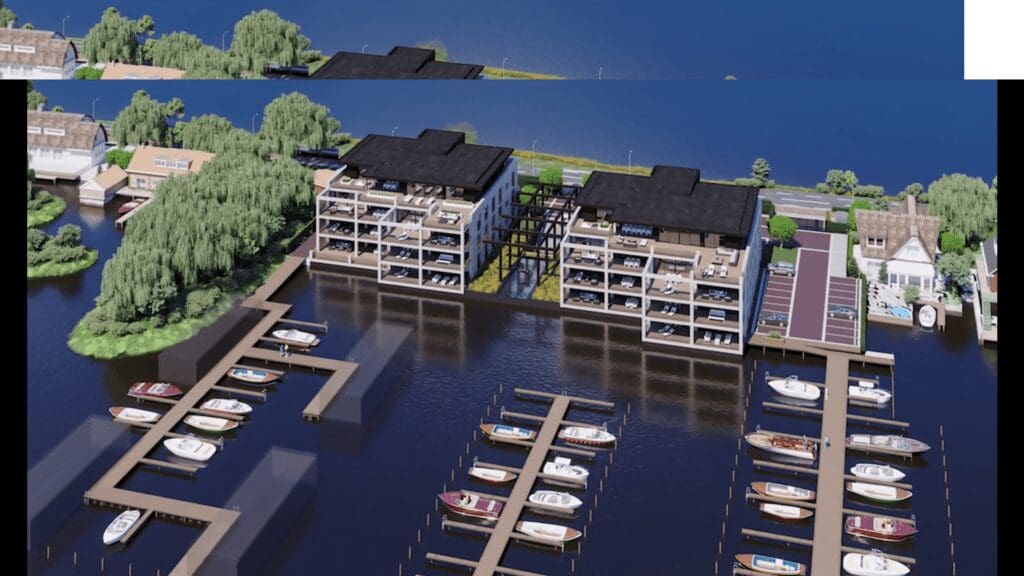 Design1 bovenaanzicht design vanaf boven met haven, parkeerplaats en mooie luxe appartementen
