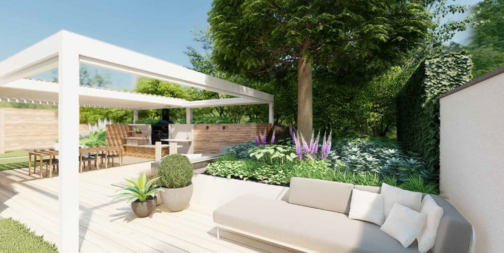 Design_05 lounge op terras Artist impression loungeset op terras naast de kleurrijke border