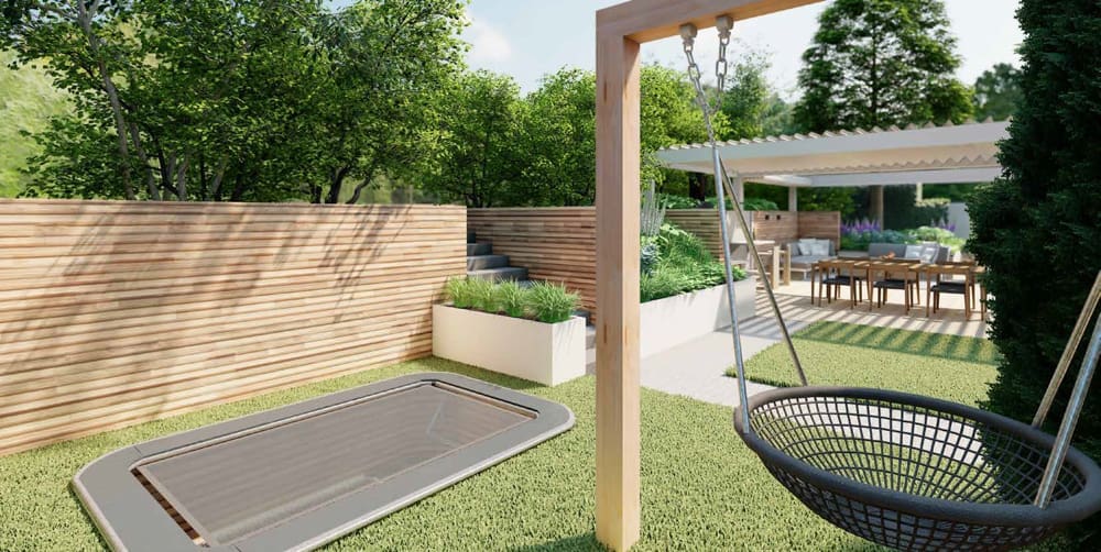 Design_06 speelhoek Render van speelhoek met trampoline en grote schommel op het kunstgras