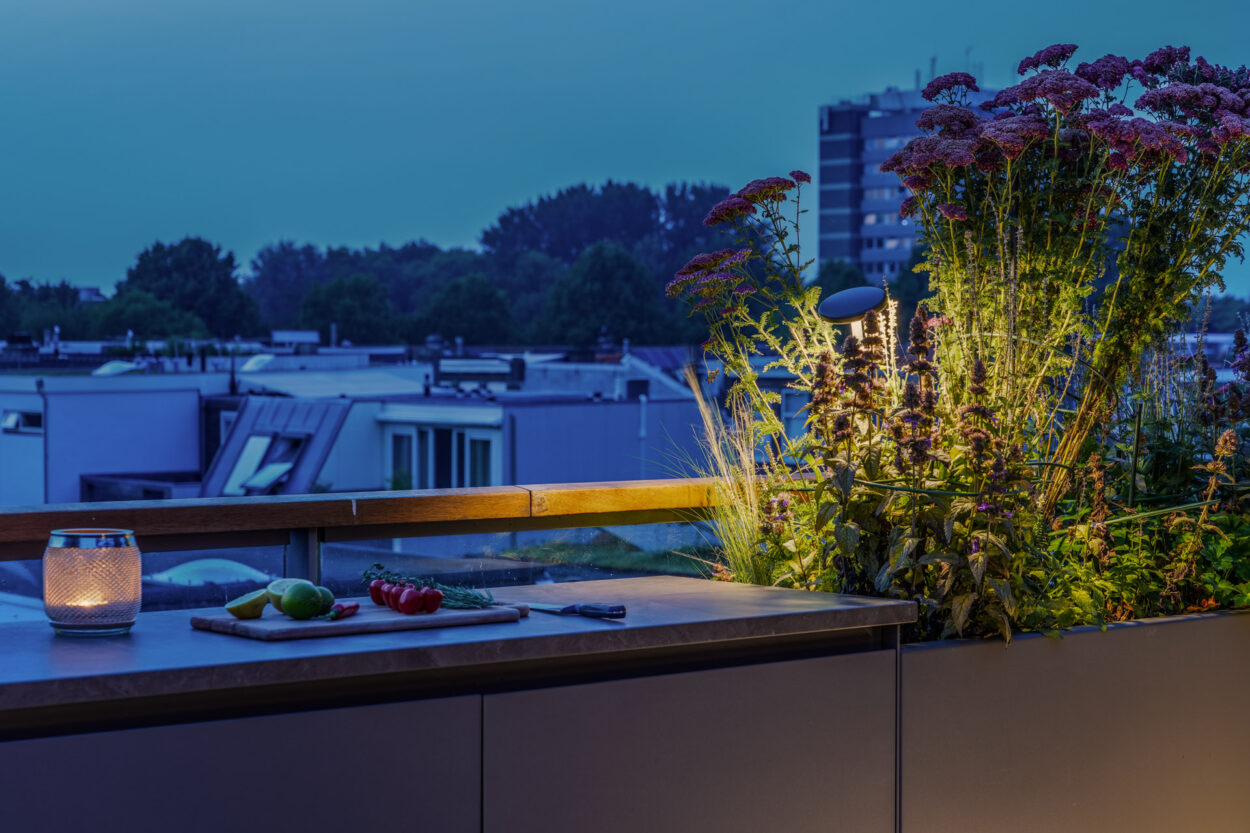Buitenkeuken met spotjes er naast in de plantenbak.