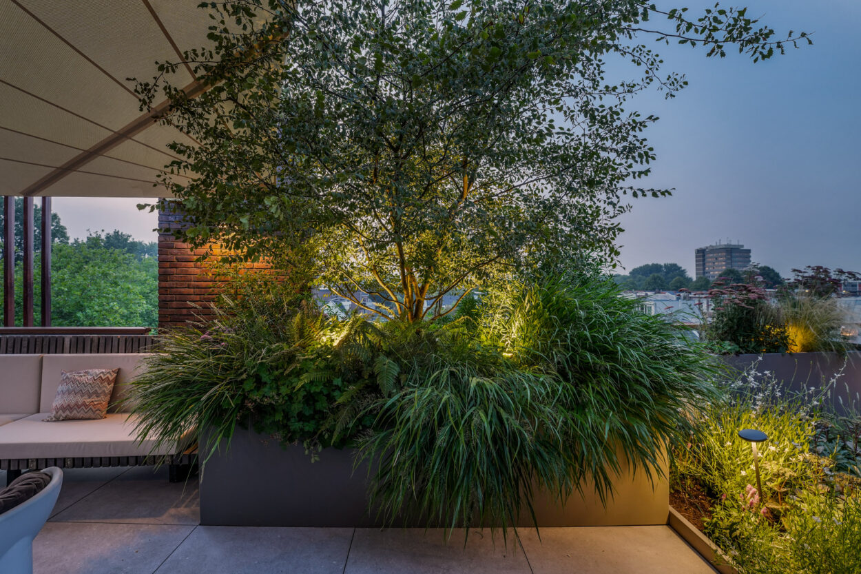 Verhoogde groene plantenbak met sfeerspotjes.