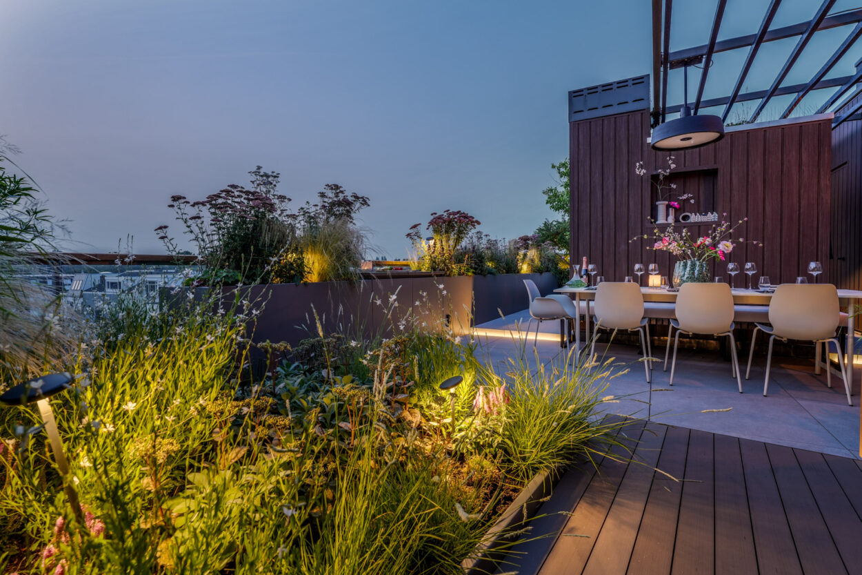 Sfeervolle groene daktuin met spots.